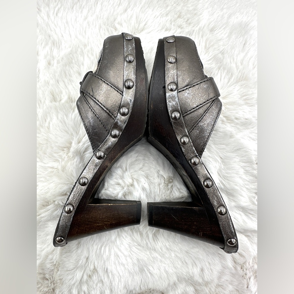 Burberry Brown Leather Heeled Clogs Quilted Plaid Vamp 37 US 7 Vintage 2001 nova - Picture 6 of 11